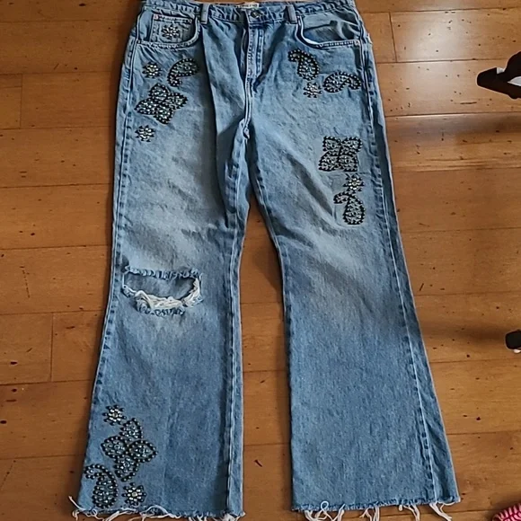 Free People Light Blue Embellished Wide Leg Jeans - Picture 3 of 6